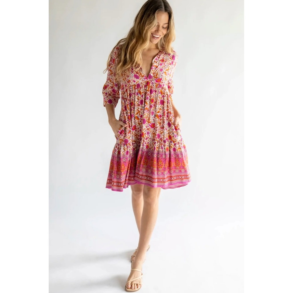 Natural Life Becca Dress XL Pink Orange Floral Paisley Tiered Mini Boho Pockets